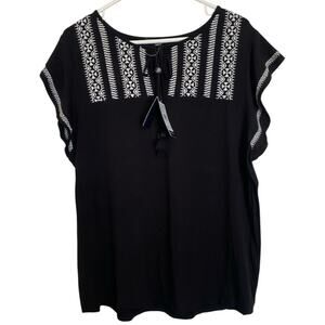 ADRIANNA PAPELL Embroidered Boho Blouse, Black White Tassel Top Flowy Chic XL